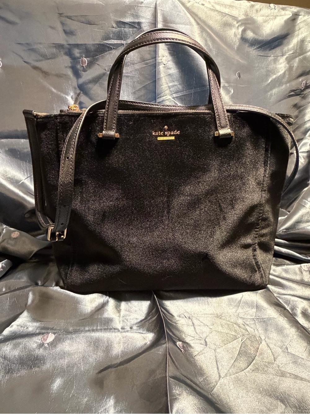 kate spade Black Velvet Satchel with Gold Logo